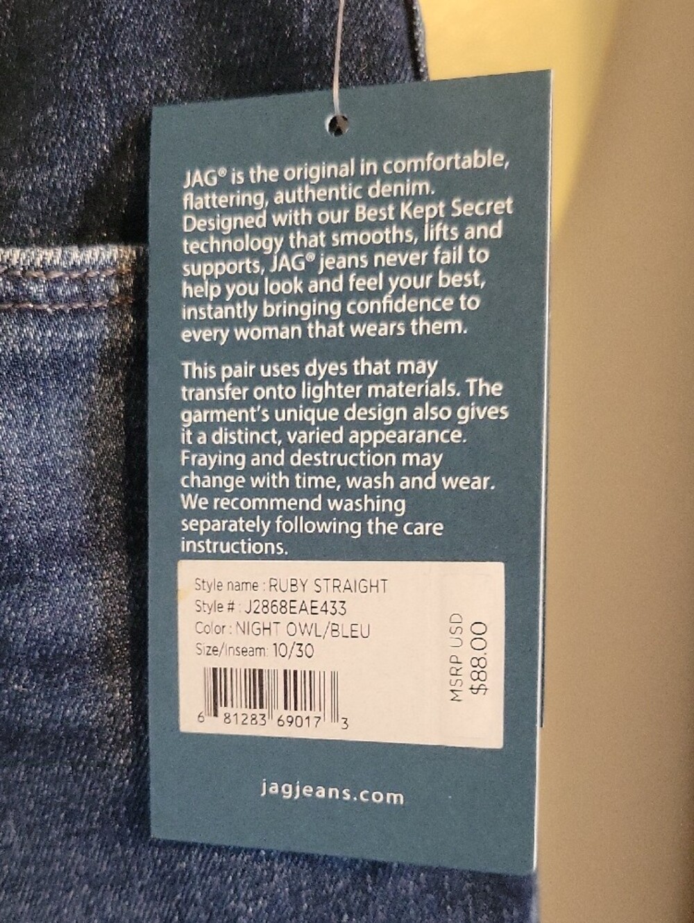 Jag Jeans Sz10 Dark Navy Straight Leg Stretch Denim Embroidered Hem Back pocket - Picture 3 of 6